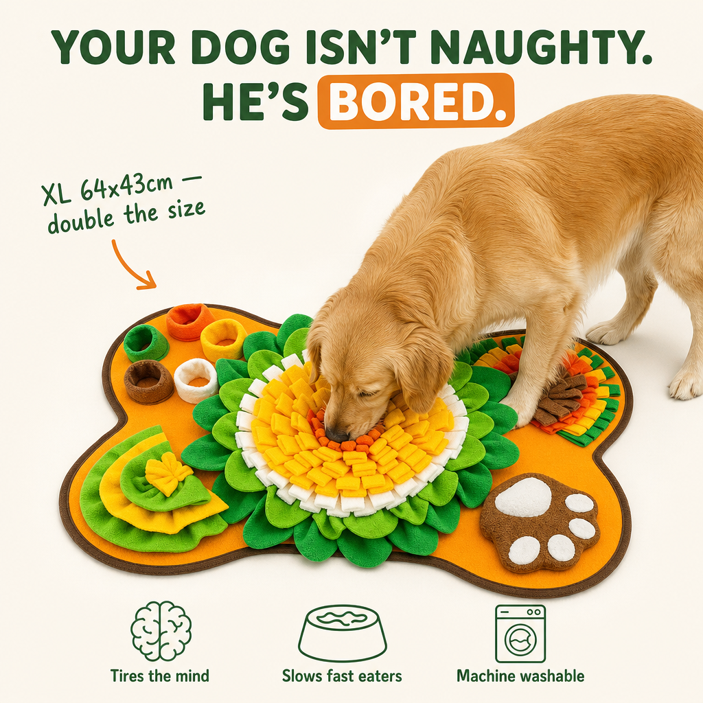 Snufflo XL Snuffle Mat – calm dog on the mat after dinner, no zoomies
