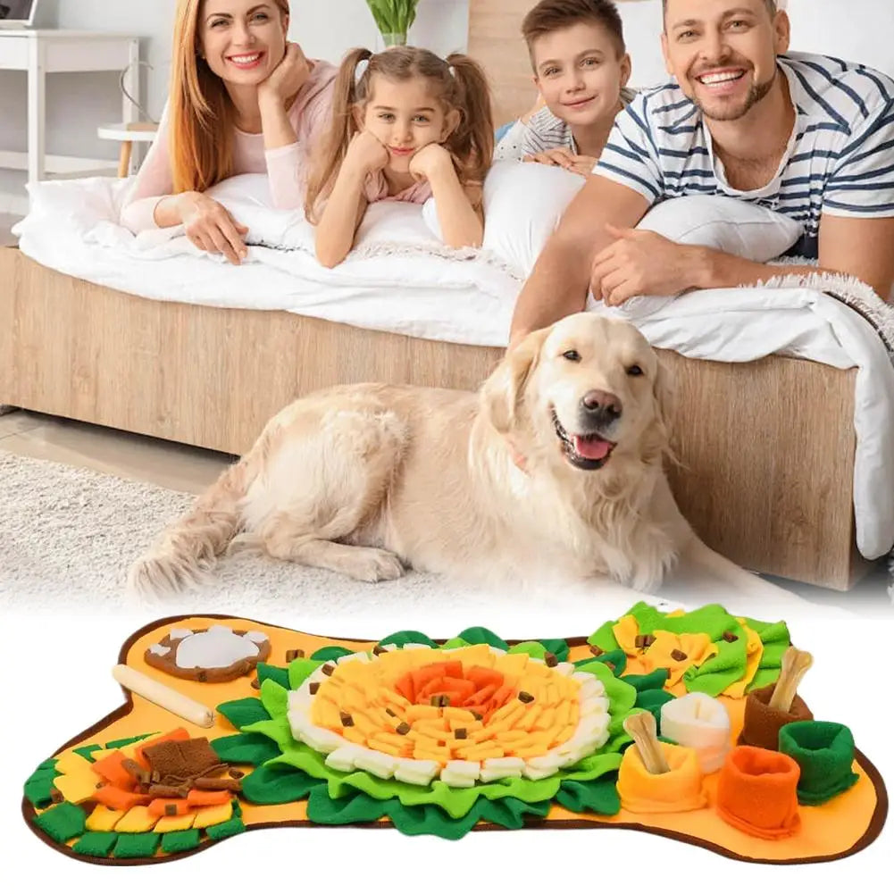 Snufflo XL Snuffle Mat, family at home with their dog foraging on the mat