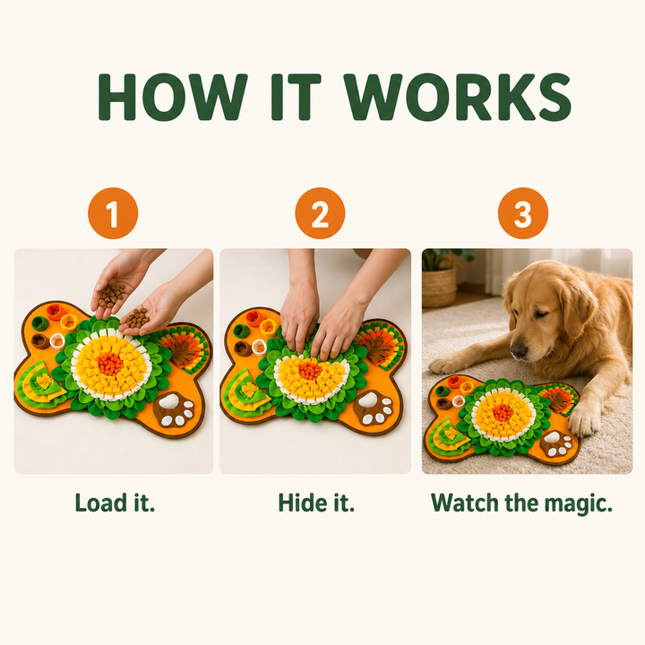 Snufflo XL Snuffle Mat in use, kibble scattered, hidden deep in the folds, dog sniffing it out.