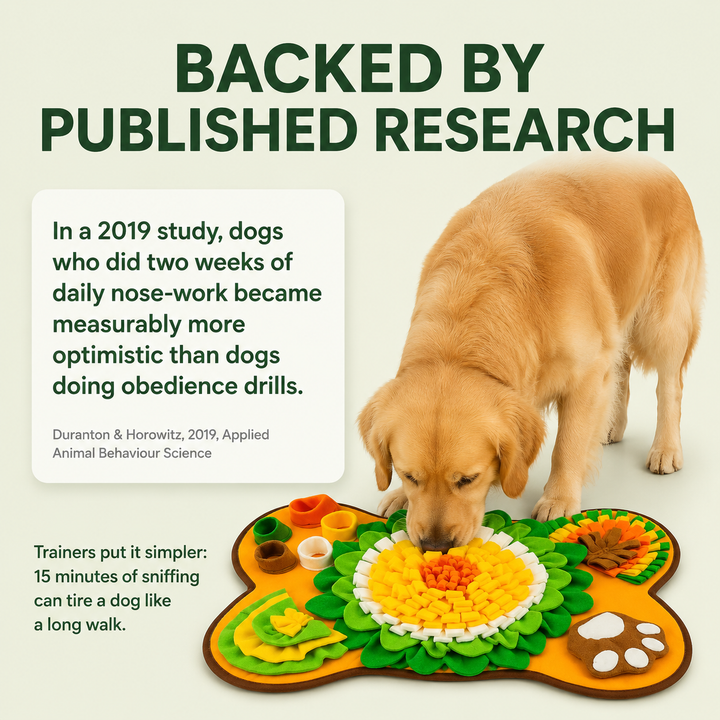 The science of nose-work: dogs have ~300 million scent receptors and focused sniffing is some of the hardest mental work a dog can do.
