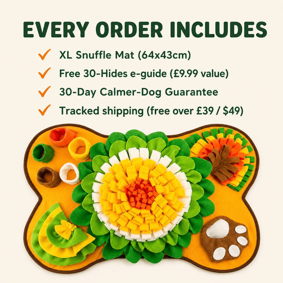 Every Snufflo XL order: the mat, the free 30 Hides e-guide, 30-day guarantee, tracked shipping.