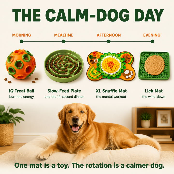 The Snufflo Calm-Dog Day: IQ ball in the morning, slow-feed at meals, XL mat in the afternoon, lick mat in the evening.