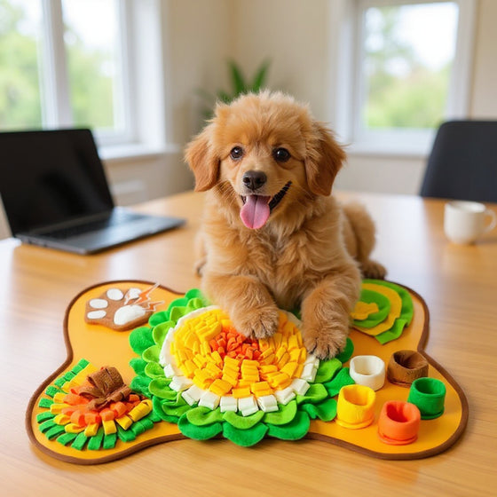 Sarah's golden retriever lying on the Snufflo XL Snuffle Mat in a sunlit home office.