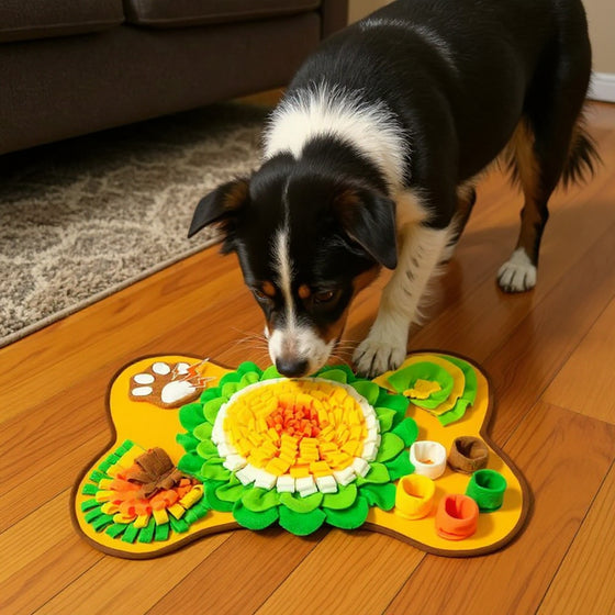 Priya's border collie focused on the Snufflo XL Snuffle Mat in a London living room.