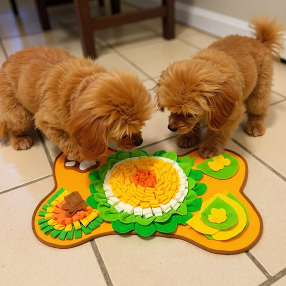 James and Emma's two brown cockapoos sharing two Snufflo XL Snuffle Mats in a Welsh kitchen.
