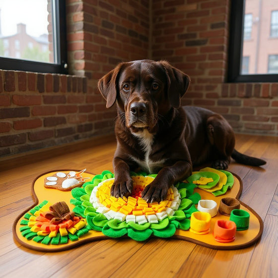 Mike's senior chocolate Labrador resting on the Snufflo XL Snuffle Mat in a Brooklyn apartment.